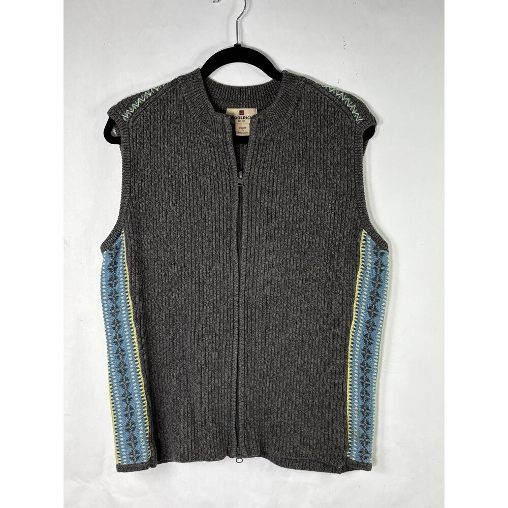 Woolrich Womans Size XL Cotton Blend Knit Zip Front Sweater Vest Gray Blue Green